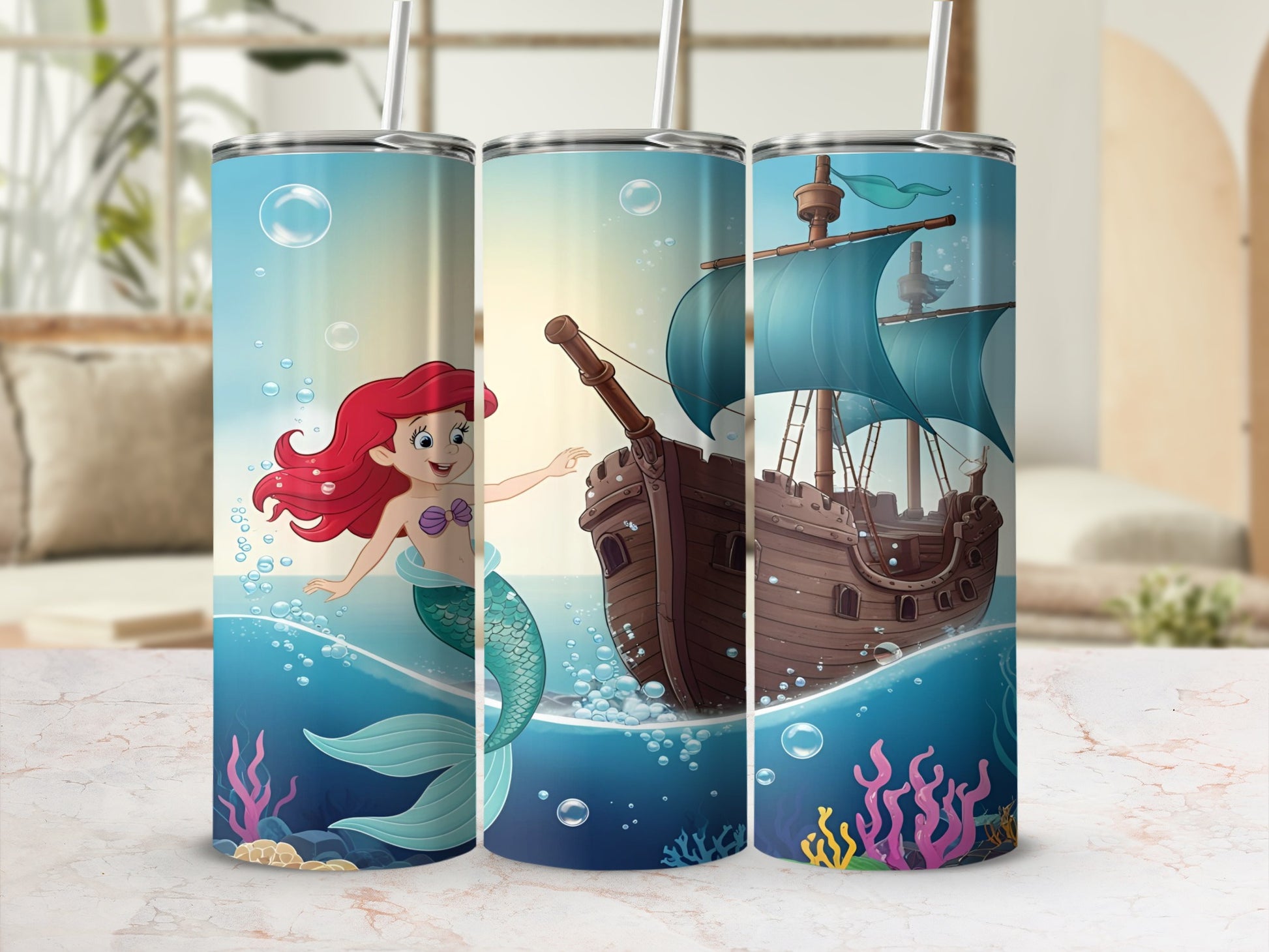 Mermaid with a pirate ship on a blue background with bubbles and coral.