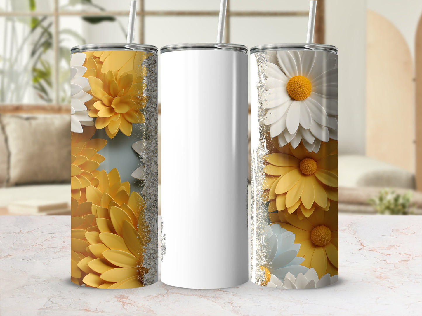 Two white tumblers with floral designs on a marble surface.