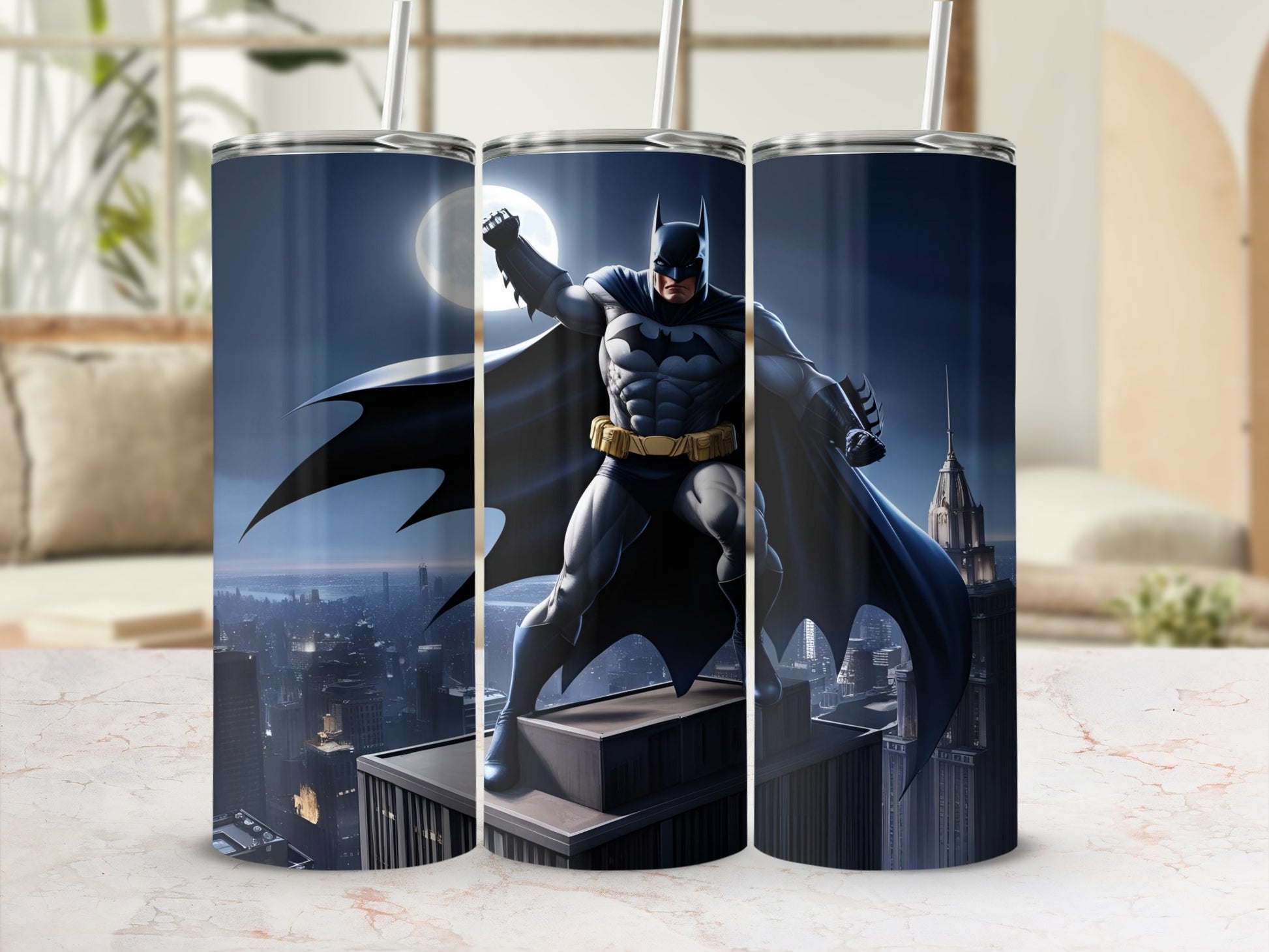 Batman posing heroically on a rooftop overlooking a city at night.