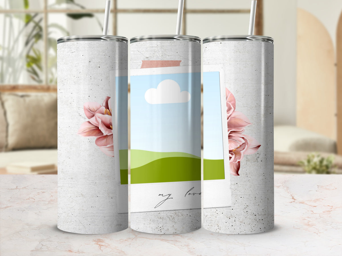 Three tumblers with a concrete texture, pink flowers, and a polaroid photo with "my love."