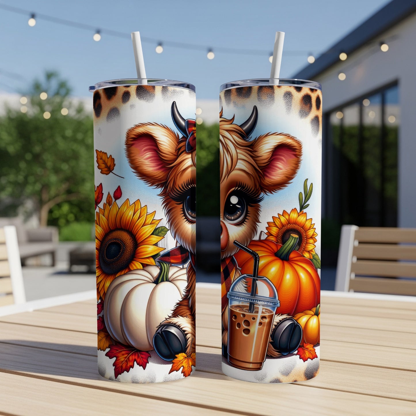 Two tumblers featuring a cute cow with sunflowers and pumpkins.