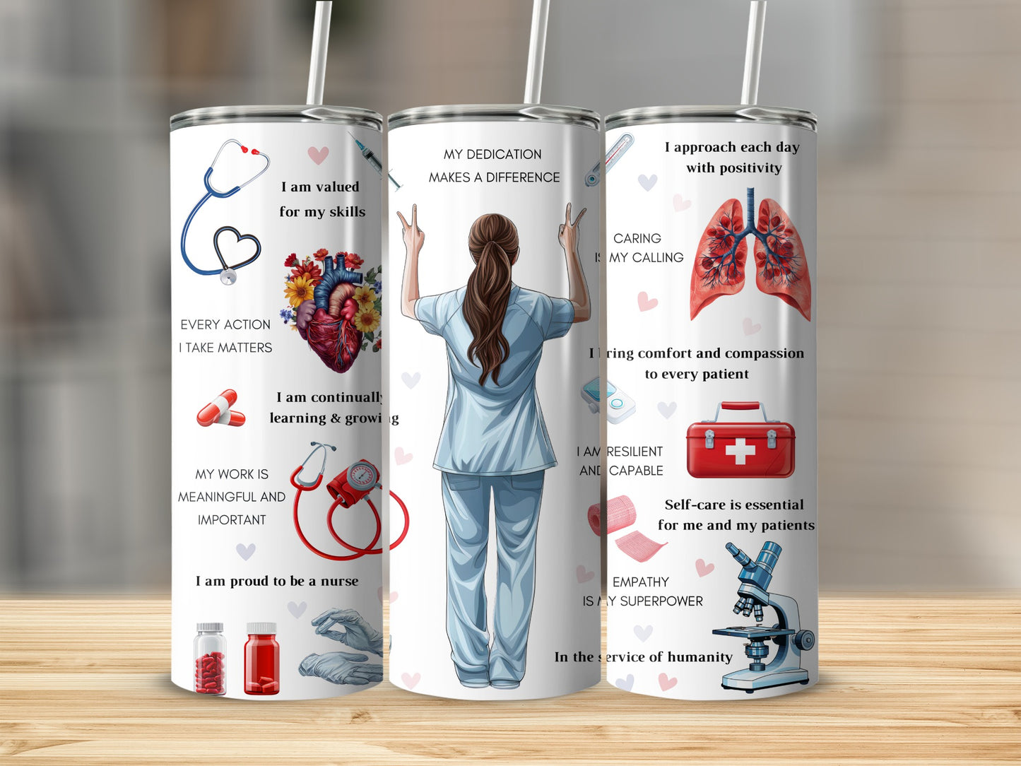 Nurse with medical symbols and motivational text on a tumbler.
