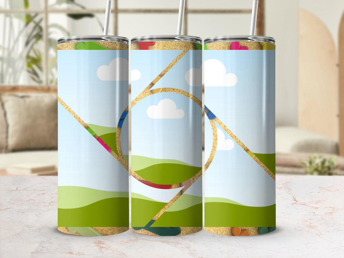 Three tumblers with a cartoon landscape, blue sky, clouds, and sand texture.