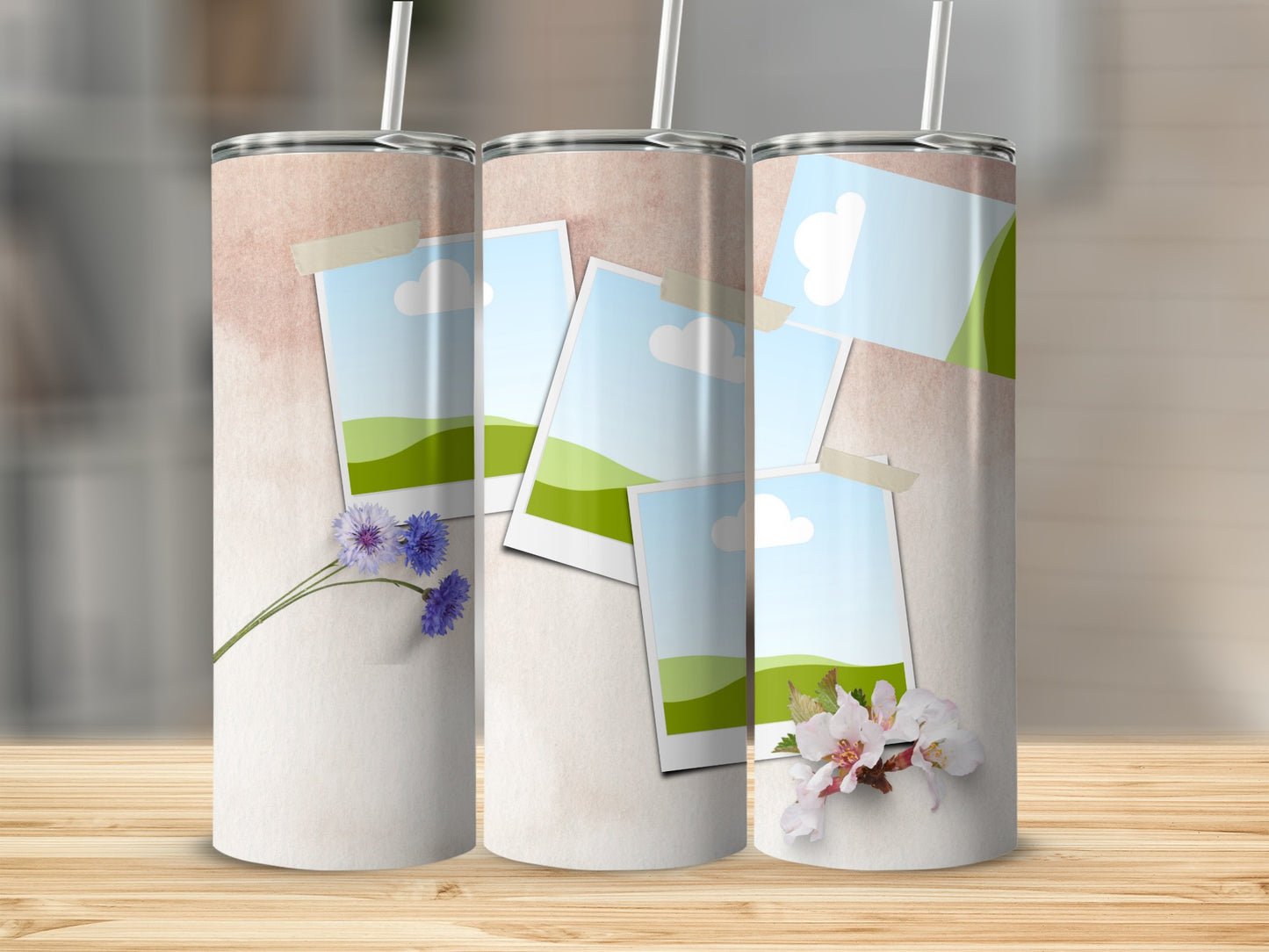 Three tumblers with taped photo frames, flowers, and straw accessories.