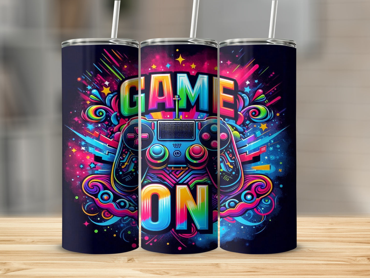 Video game controller with "GAME ON" text and colorful cosmic background.