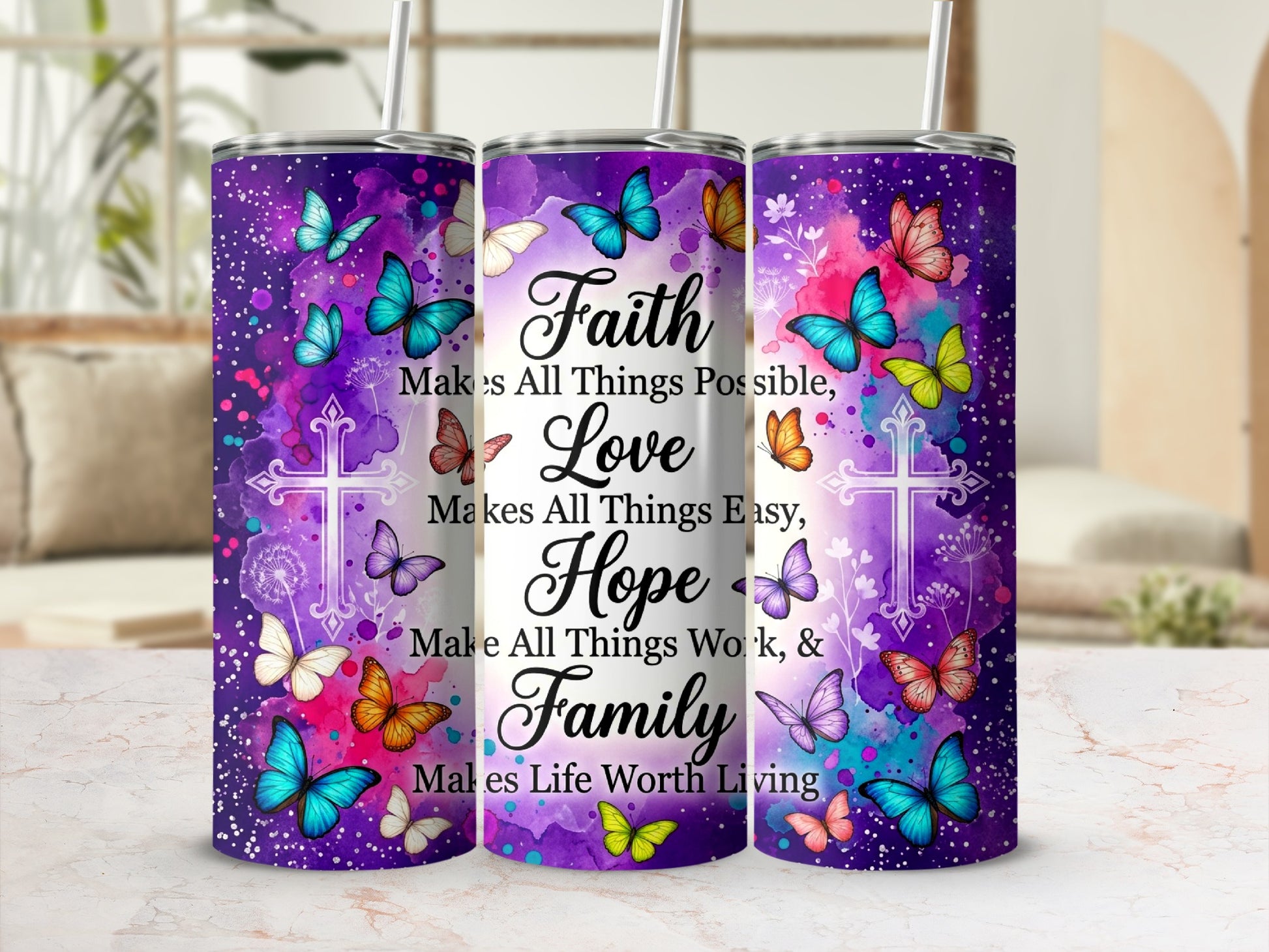 Purple galaxy tumbler with butterflies and uplifting text about Faith, Love, Hope, and Family.