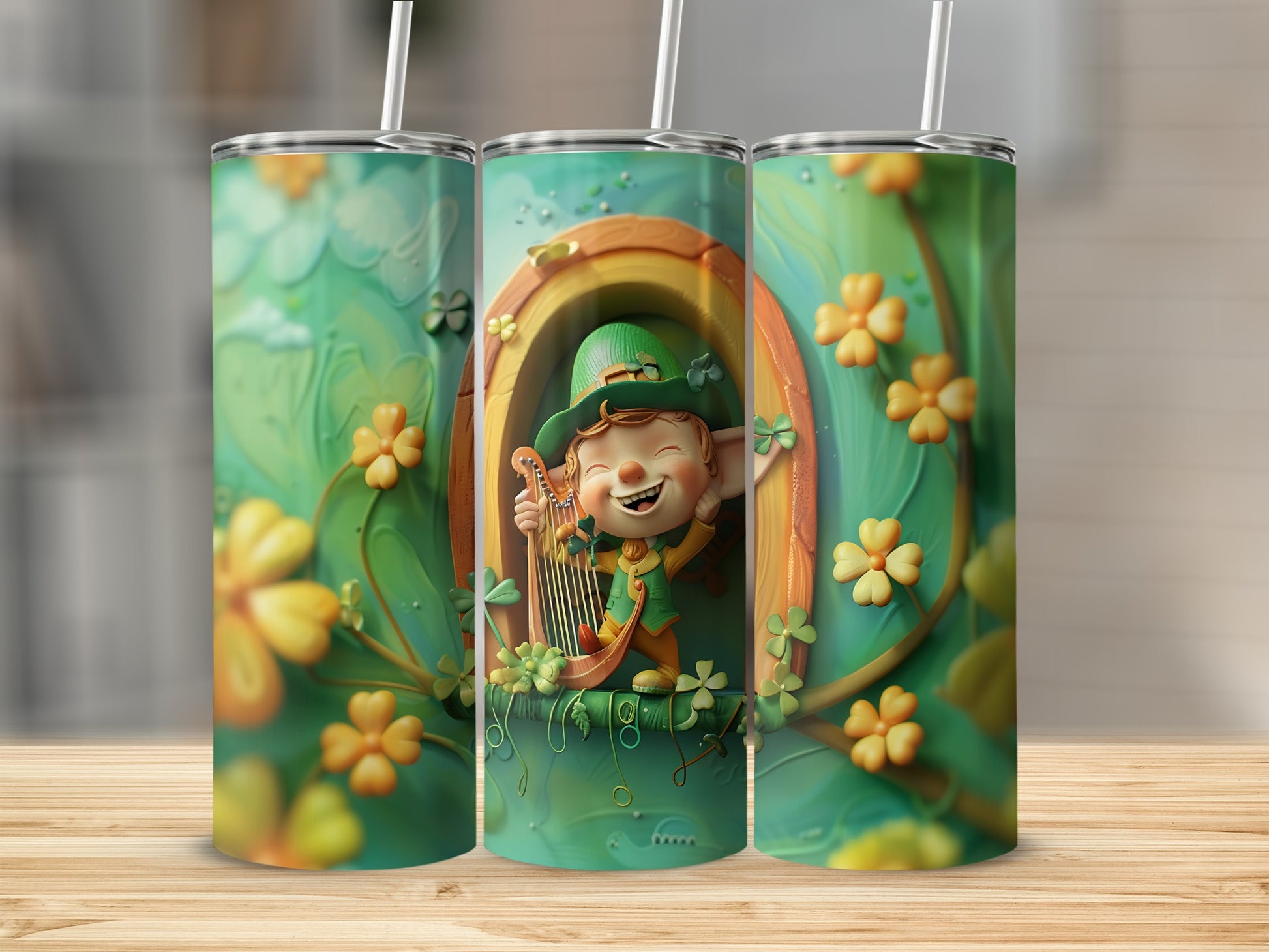 Leprechaun playing a harp under a rainbow, surrounded by shamrocks.
