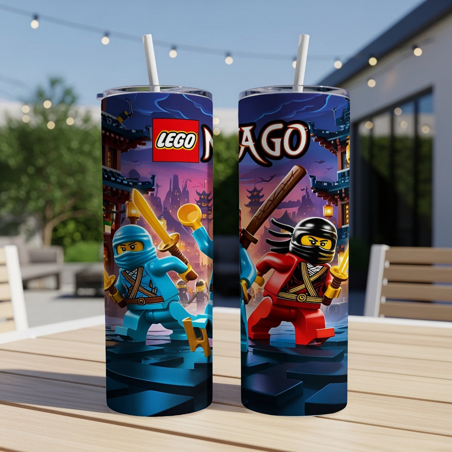 Lego Ninjago tumbler with Kai and Jay battling on a platform.