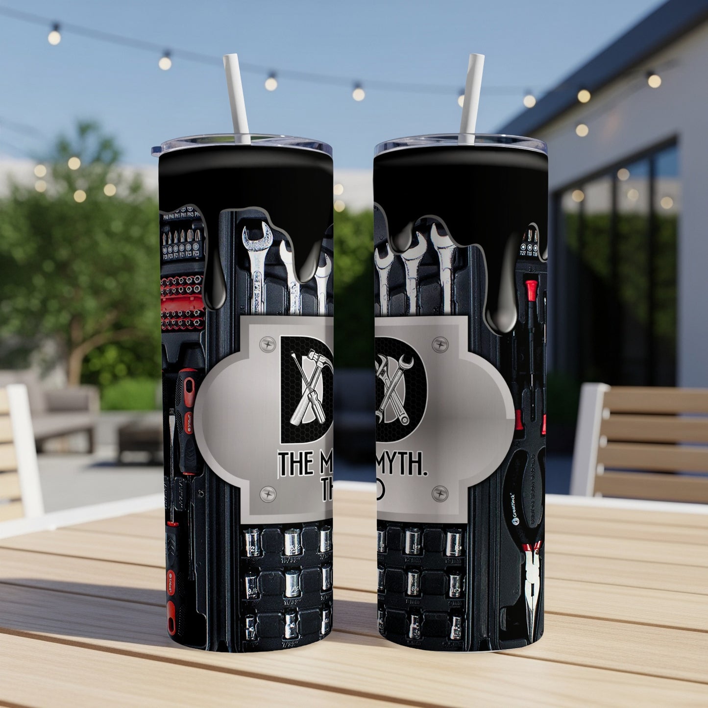 Two tumblers with tool graphics, reading "The Myth. The Legend."