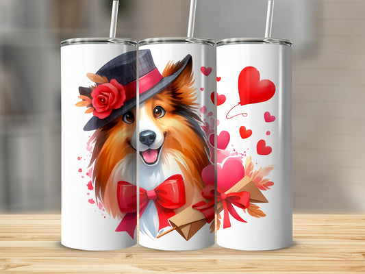 Happy dog in hat with bow and roses on a tumbler.