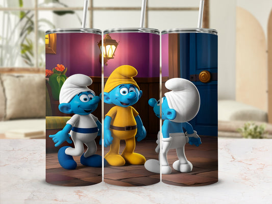 Three Smurfs in yellow and white outfits stand in front of a doorway.