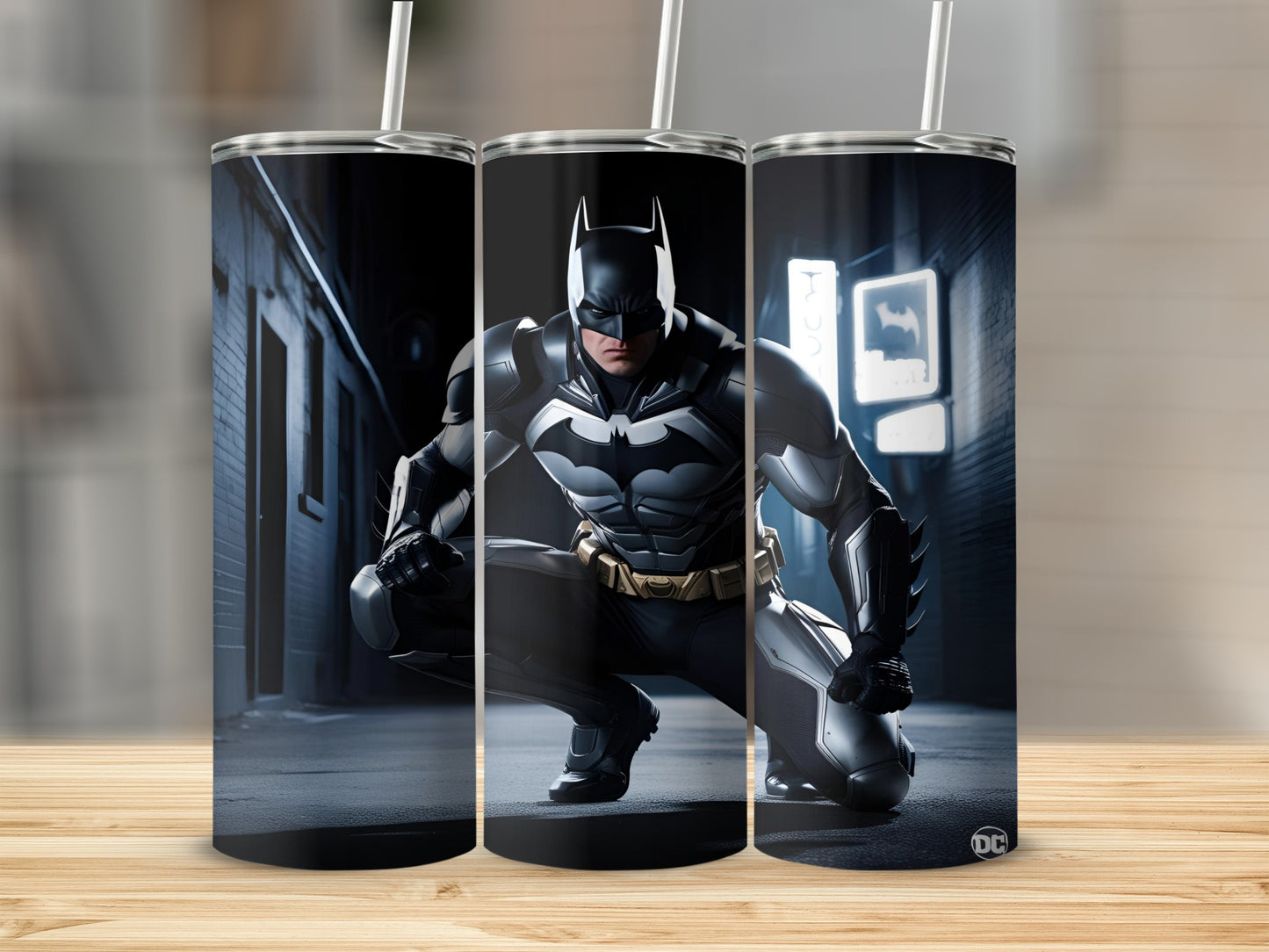 Batman kneeling in a dark alleyway, holding a tumbler.