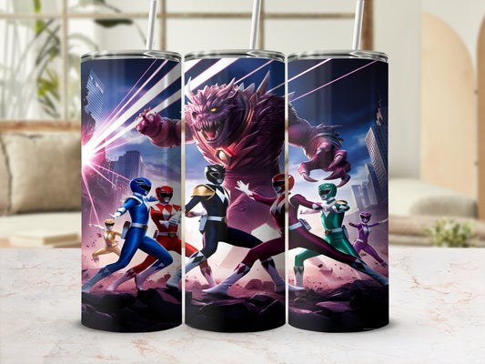 Three Power Rangers battle a monster with a city skyline background.