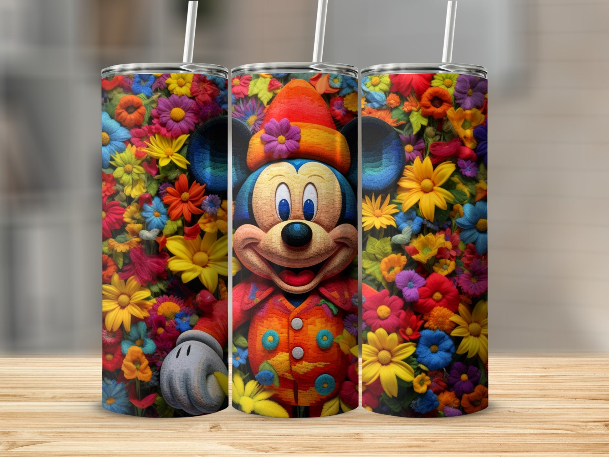 Colorful Floral Mickey Mouse Tumbler with Straw