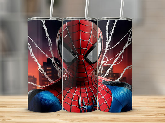 Spiderman character illustration on three tall tumblers against a city skyline background.
