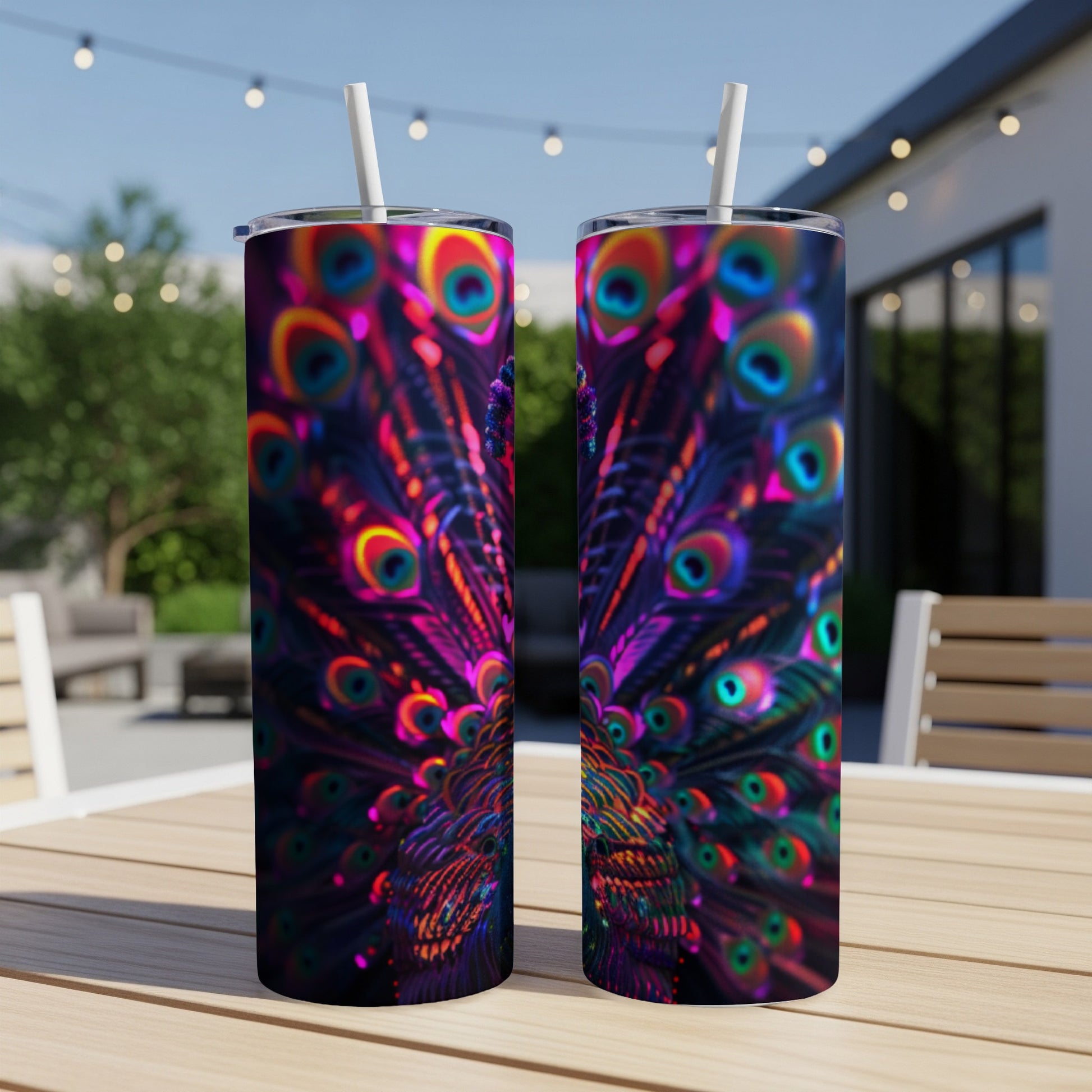 Two tumblers with vibrant peacock feather designs, standing on a wooden table.