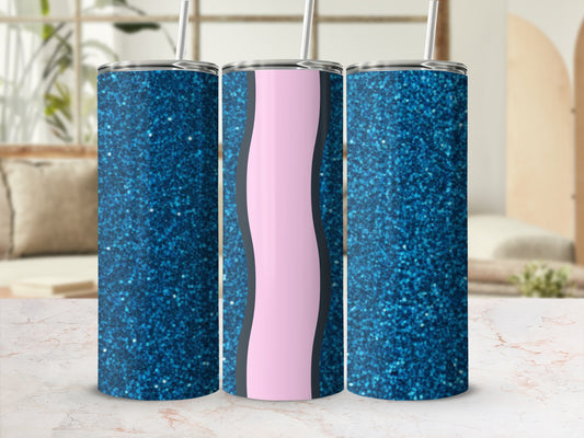 Three glittery blue tumblers with pink and black wavy stripe accents.