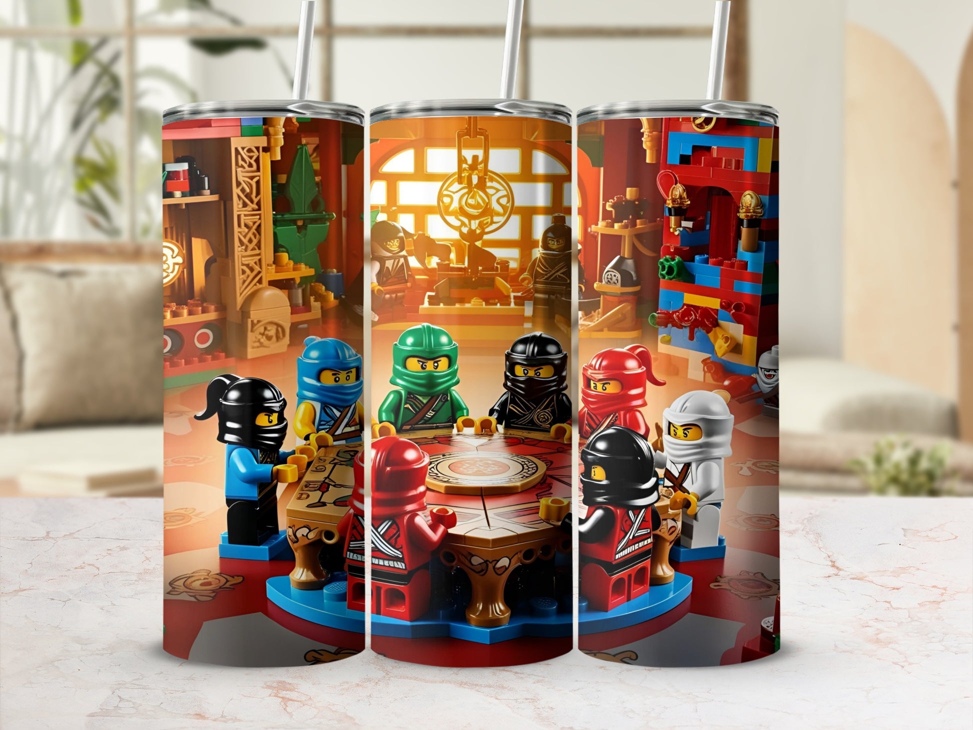 Ninjago characters gather around a red table in a room with Lego bricks.