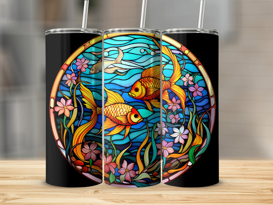 Stained glass art of two goldfish swimming among flowers and reeds.