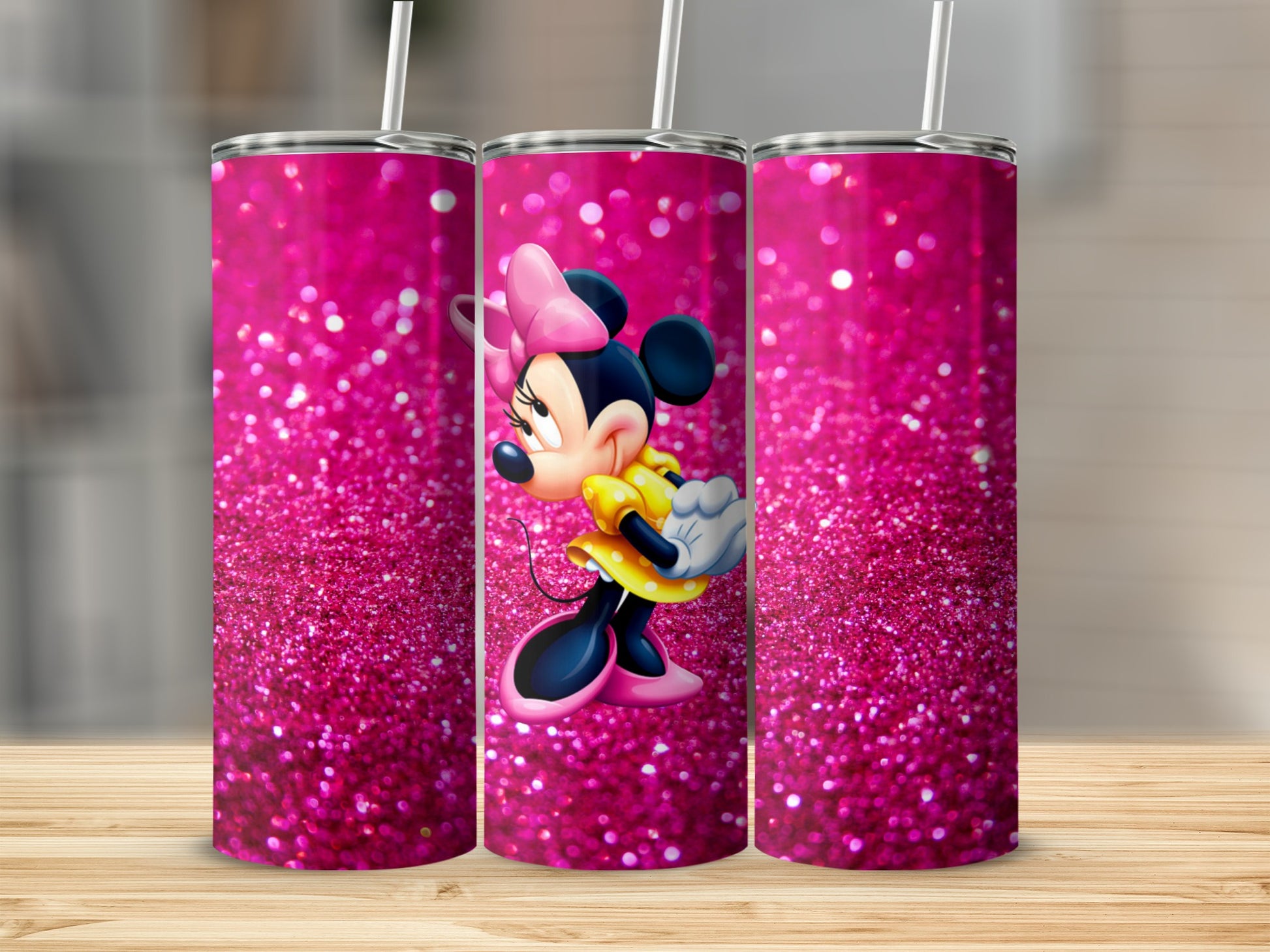 Pink Glitter Tumbler with Cartoon Character Design
