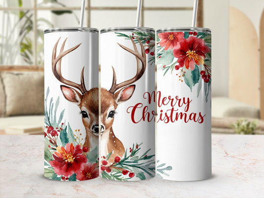 White tumbler with deer, red flowers, and "Merry Christmas" text.