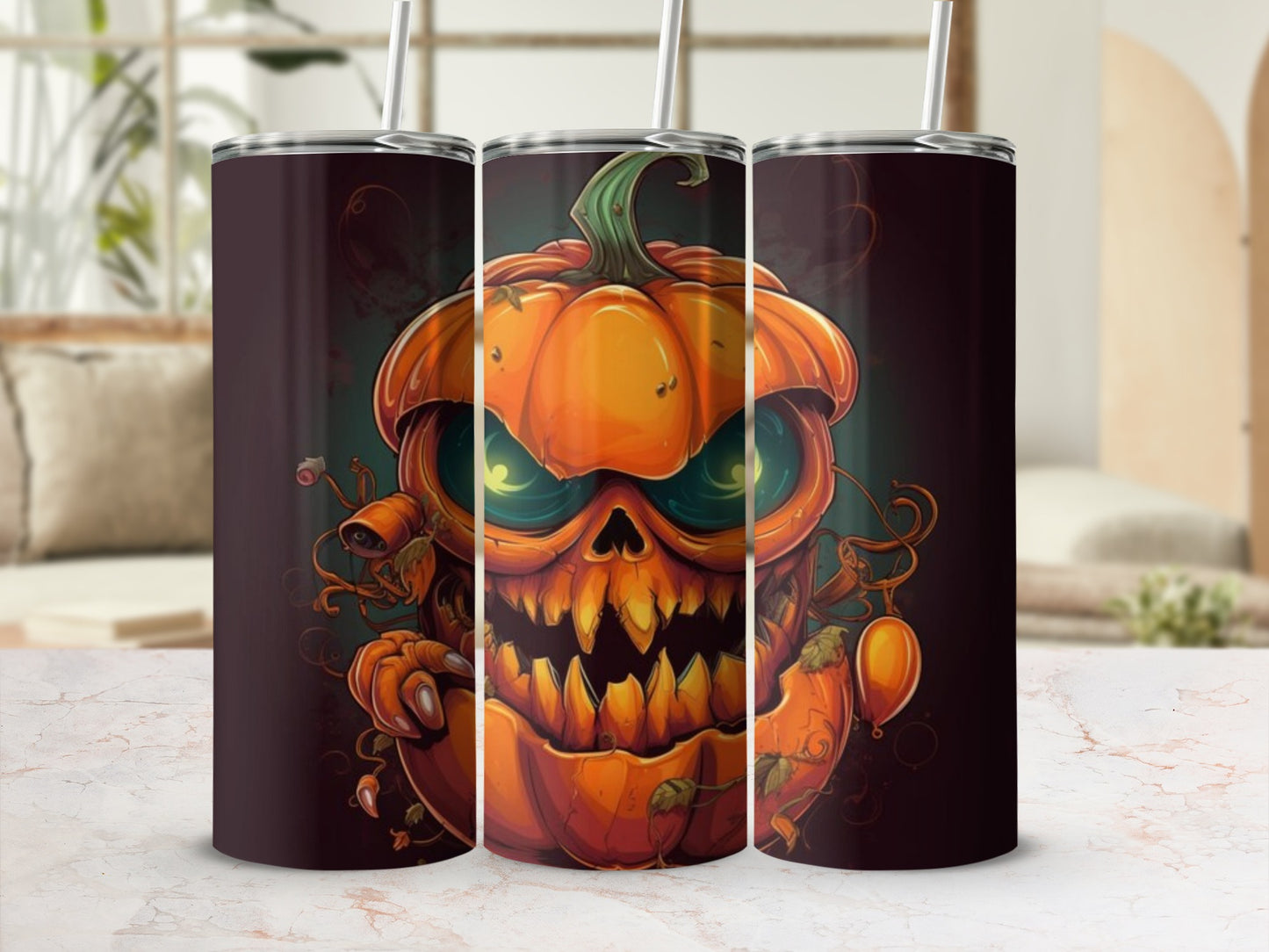 Three tumblers featuring a spooky, grinning jack-o'-lantern Halloween design.