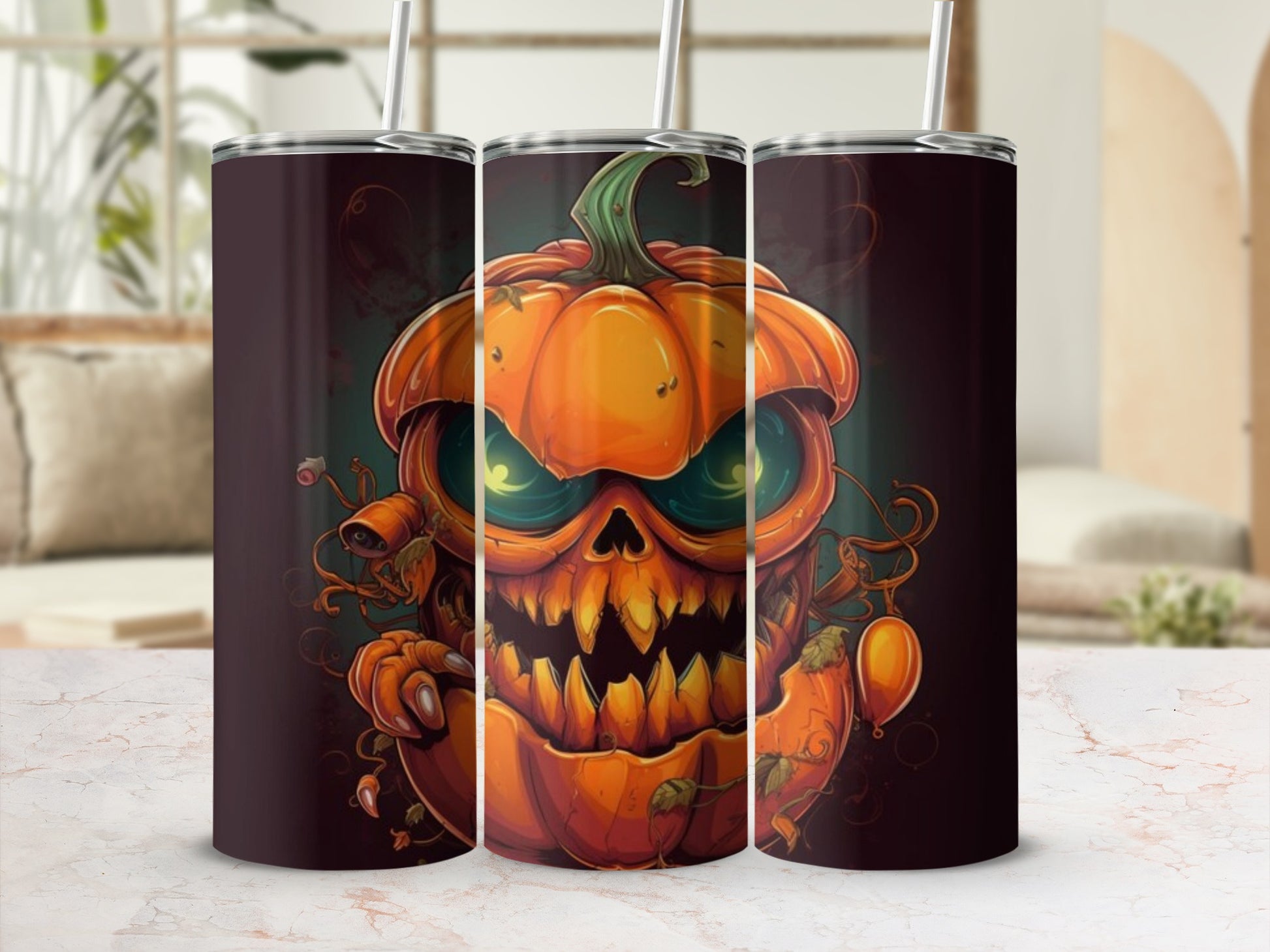 Three tumblers featuring a spooky, grinning jack-o'-lantern Halloween design.