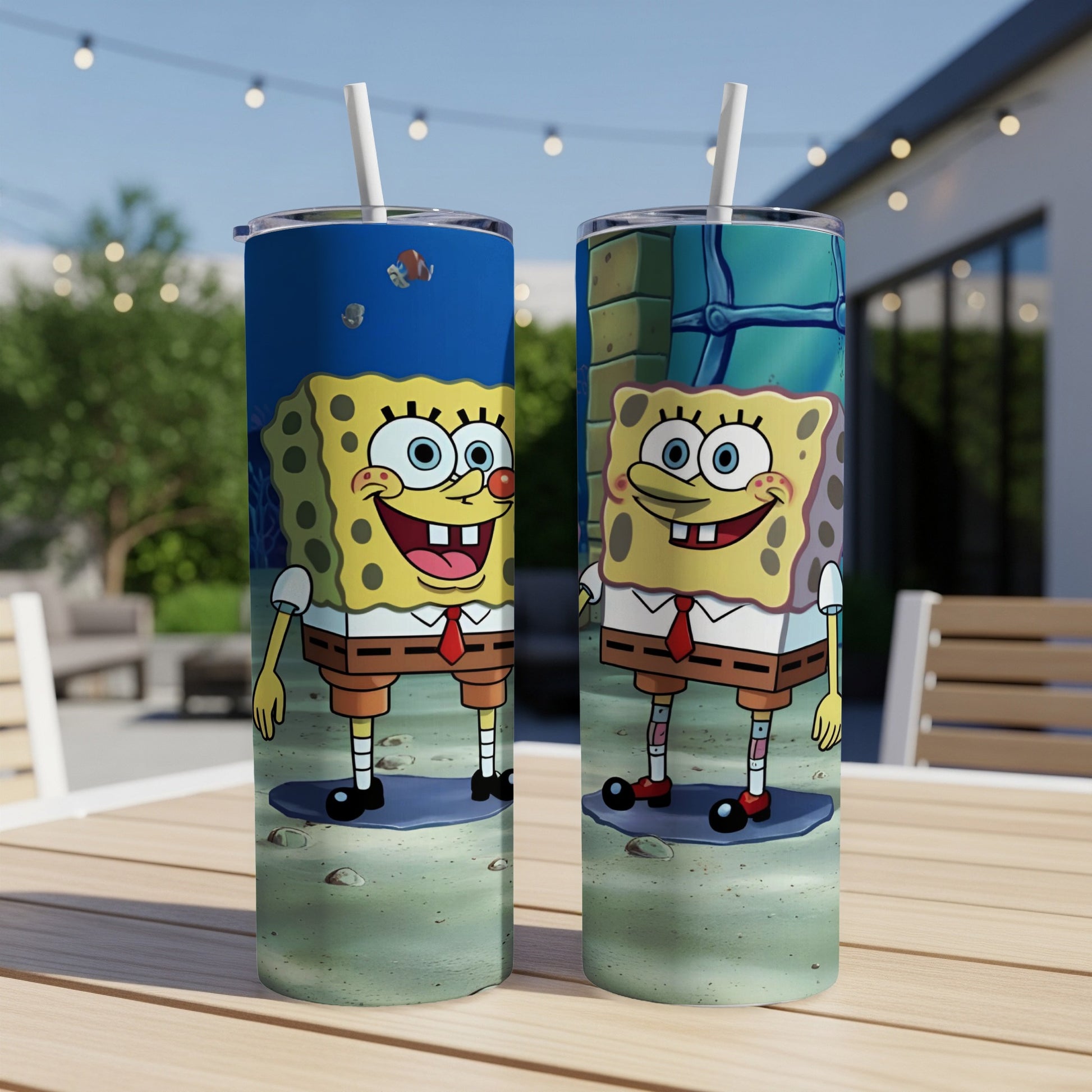 SpongeBob SquarePants characters on two cylindrical tumblers.