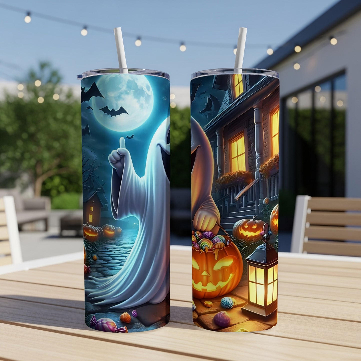 Halloween tumblers featuring ghosts, pumpkins, bats, and a haunted house.