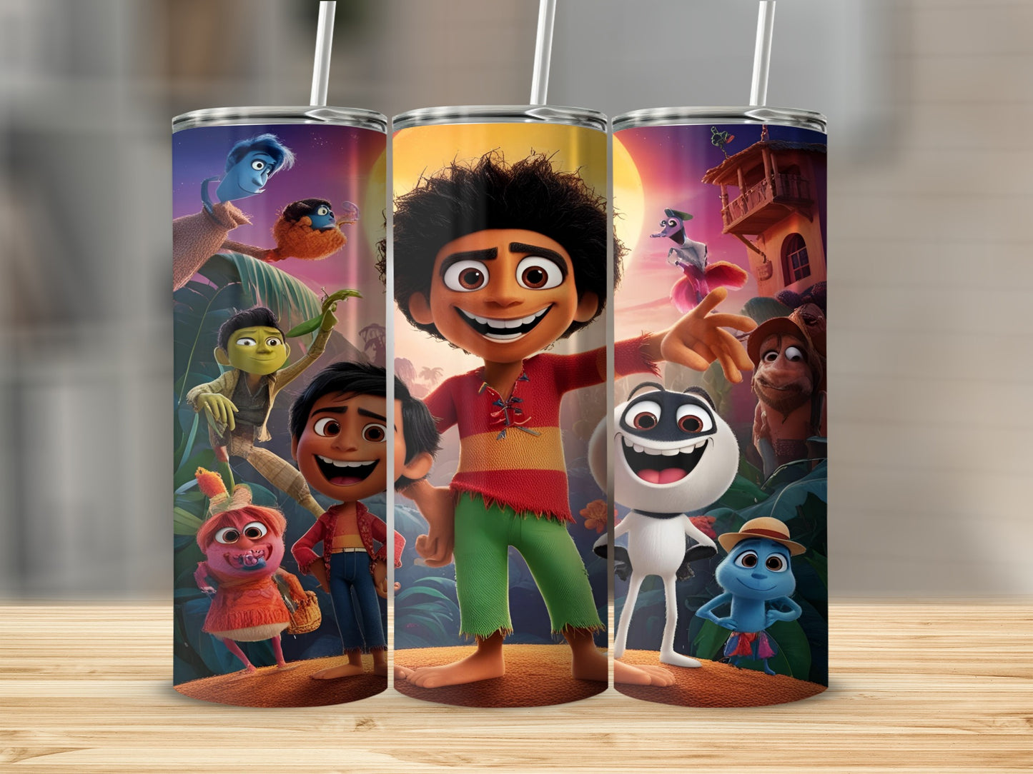 Animated characters from "Wish" movie on a tumbler, set against a colorful backdrop.
