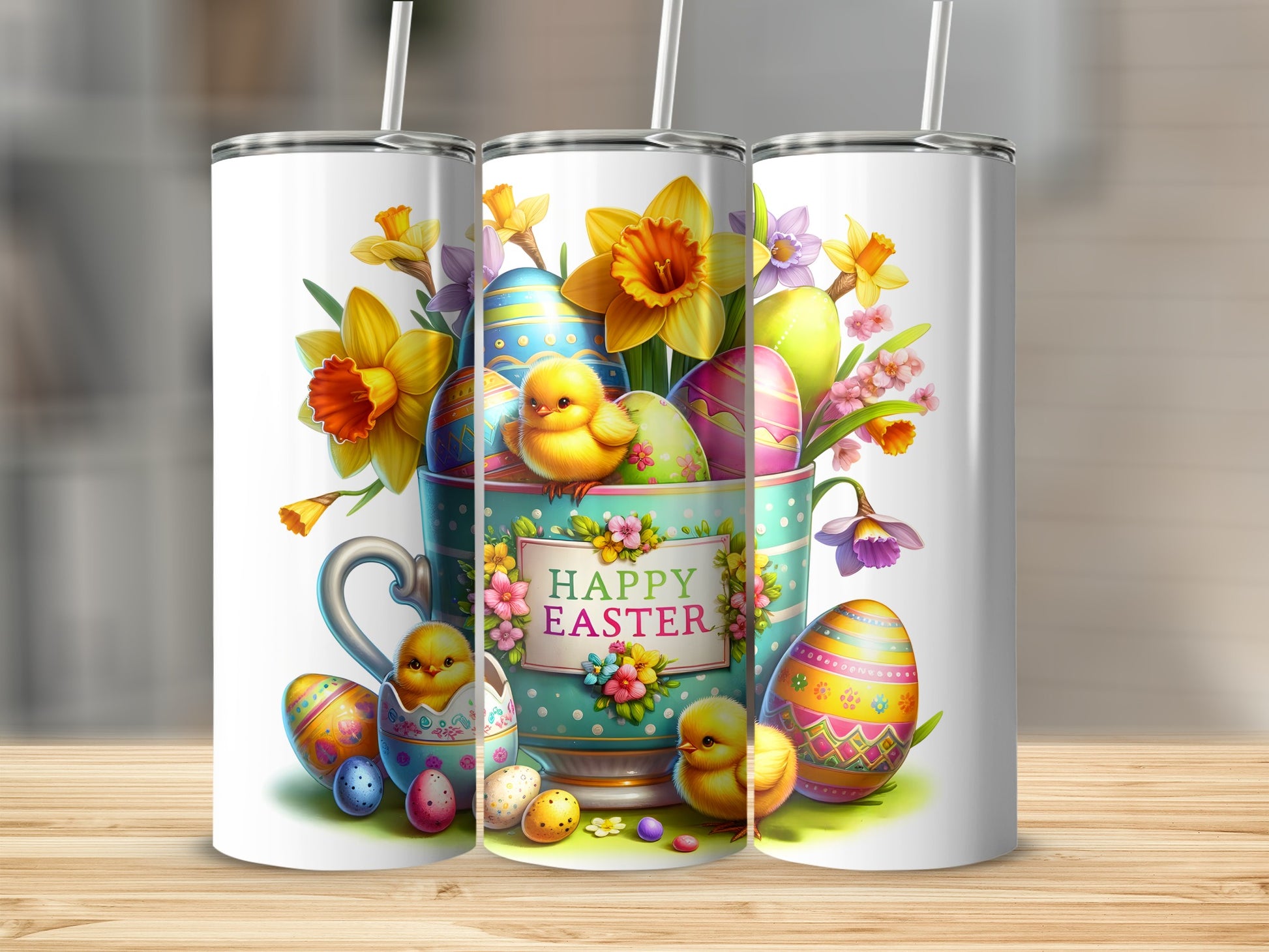 Easter-themed tumbler with chicks, decorated eggs, and daffodils in a teacup.