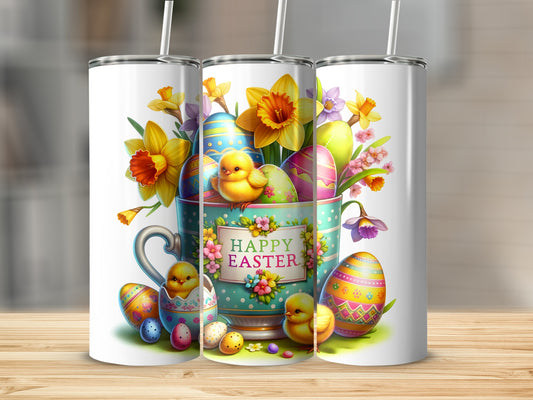 Easter-themed tumbler with chicks, decorated eggs, and daffodils in a teacup.