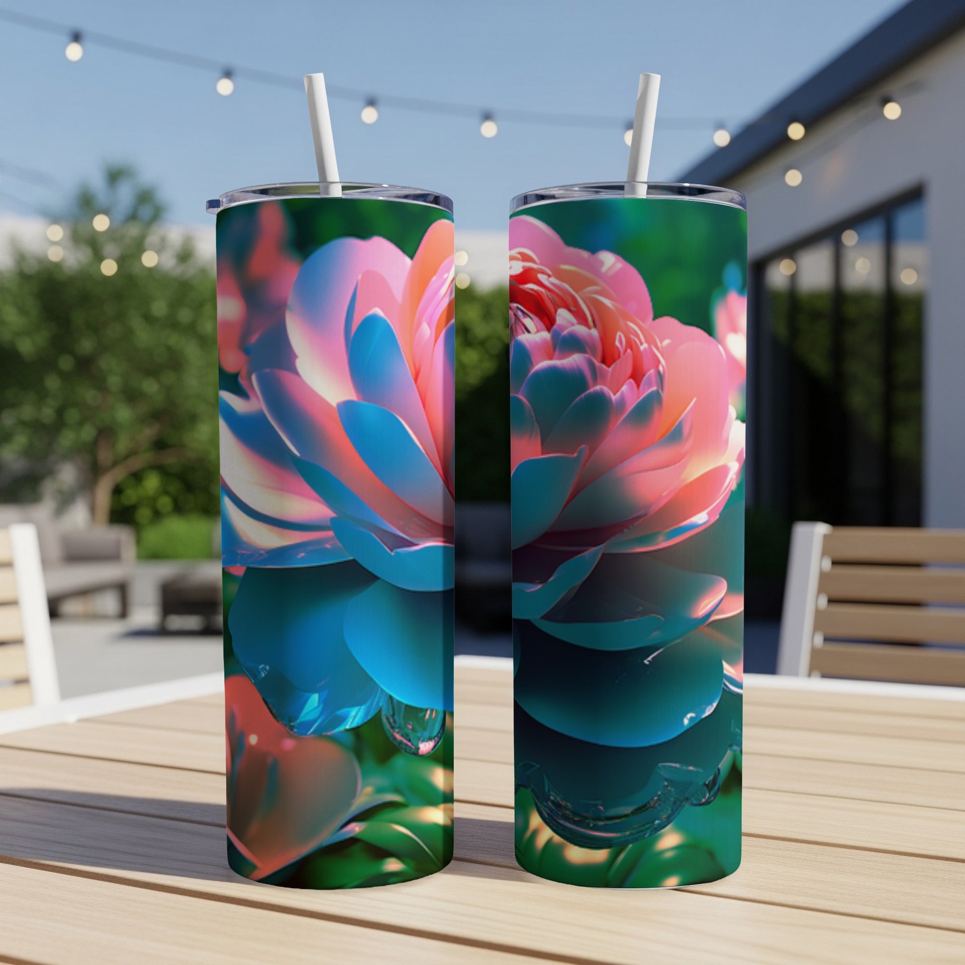 Two tumblers with a close-up abstract floral design on a table outdoors.