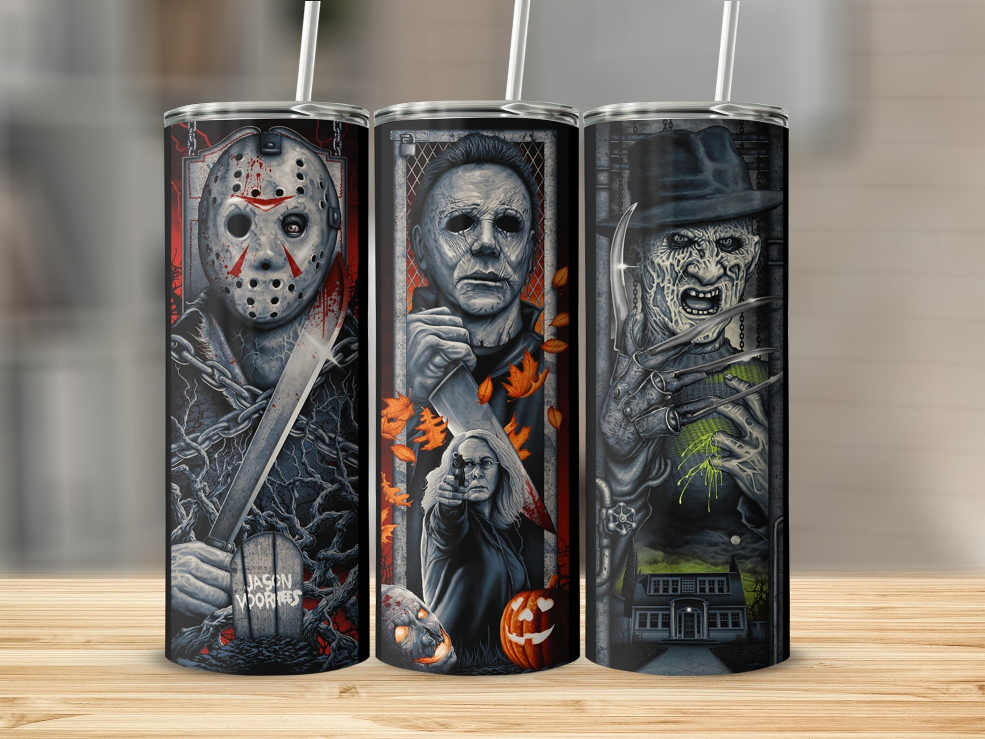 Three tumblers featuring horror icons: Jason Voorhees, Michael Myers, and Freddy Krueger.