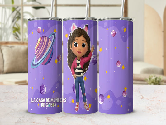 Gabby's Dollhouse tumbler with planets, stars, and Gabby.