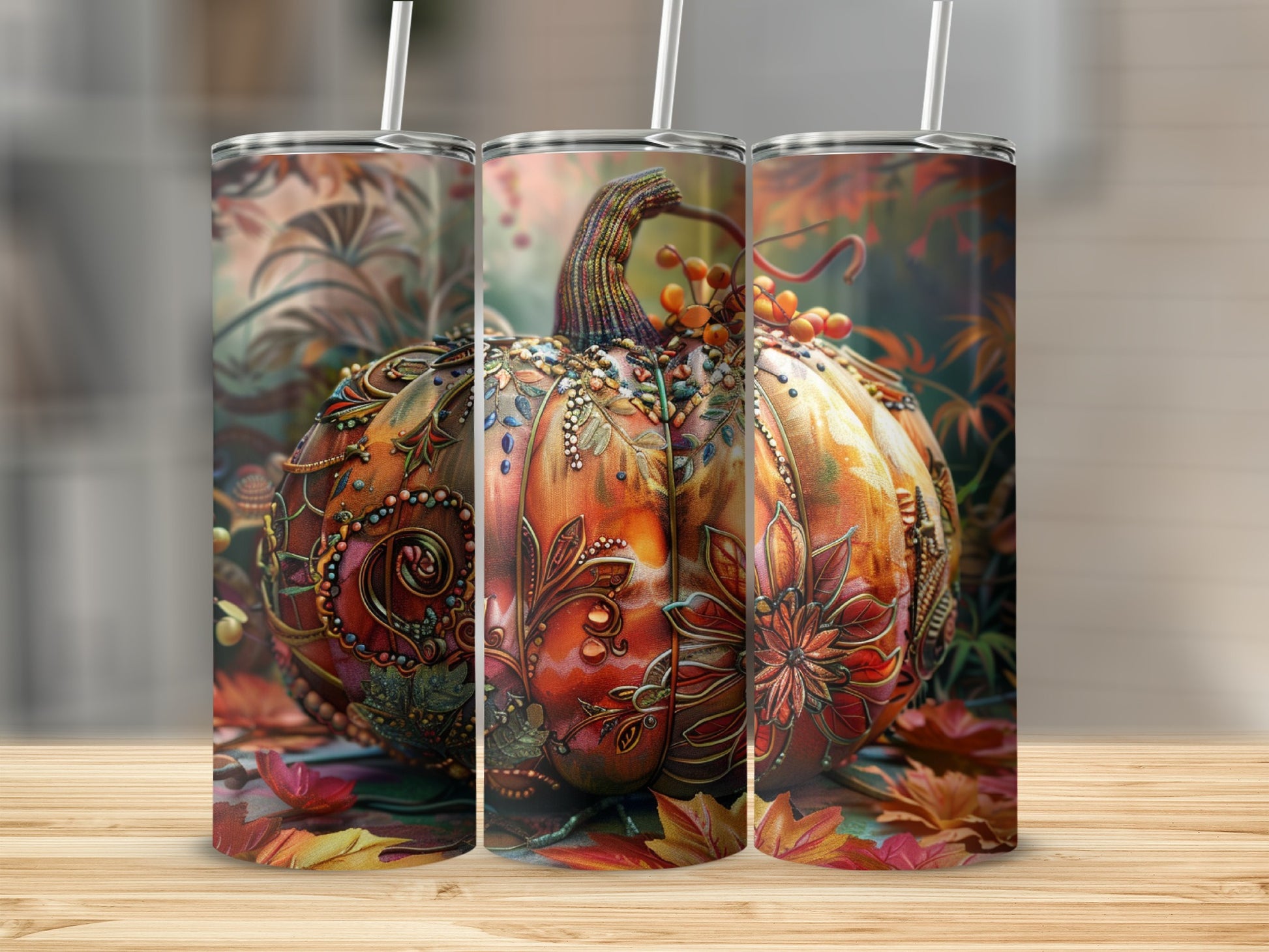 Ornate pumpkin tumbler with fall leaves, 20 oz capacity.