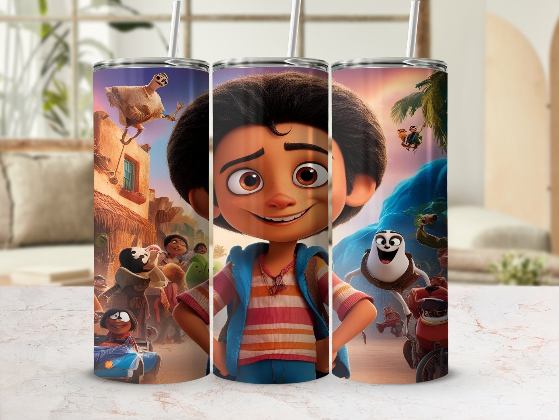 Animated boy with colorful shirt and backpack, surrounded by cartoon characters.