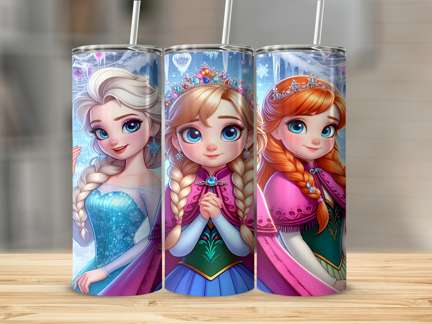 Elsa and Anna from Frozen in sparkly dresses and crowns on tumblers.