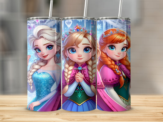 Elsa and Anna from Frozen in sparkly dresses and crowns on tumblers.