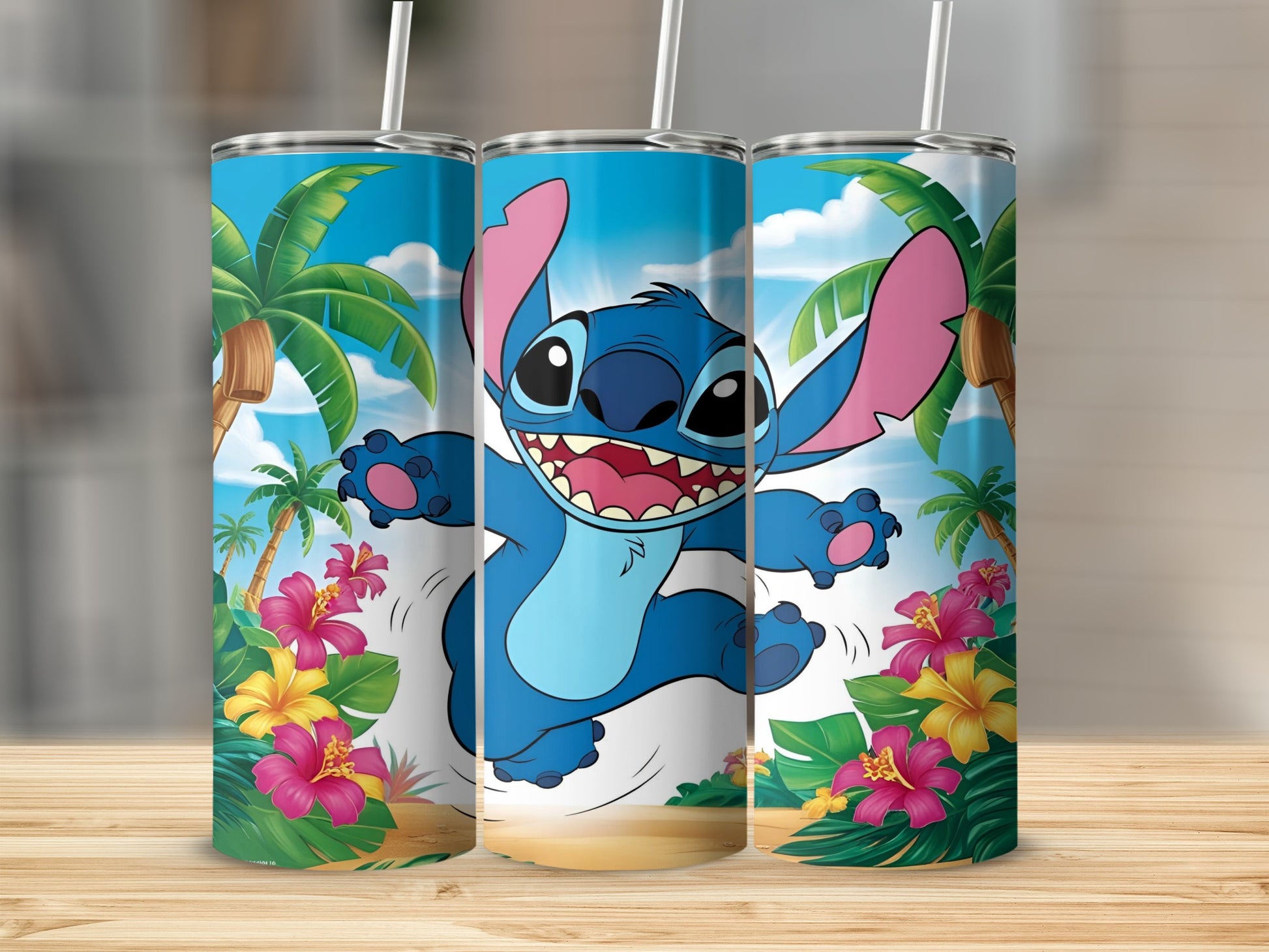 Stitch from Lilo & Stitch jumping with hibiscus flowers and palm trees.