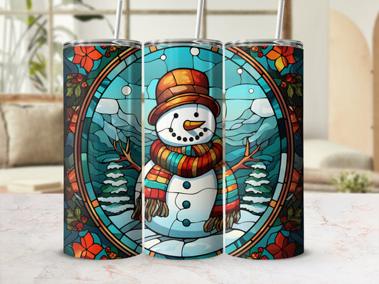 Stained glass snowman with scarf and hat, surrounded by winter trees.