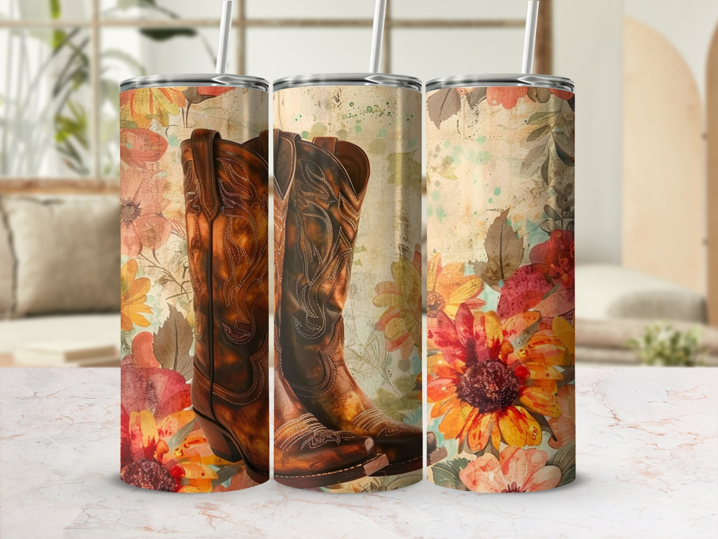 Western cowboy boots with floral autumn pattern on a tumbler.