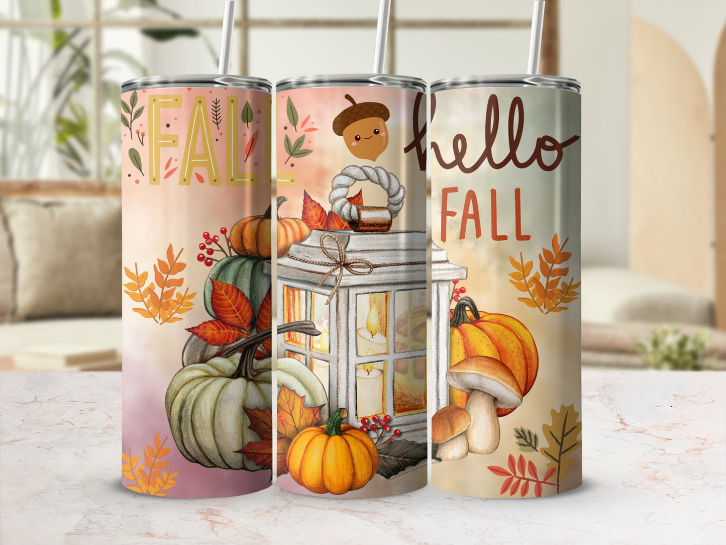 Decorative Fall-Themed Tumbler with Pumpkin and Leaves