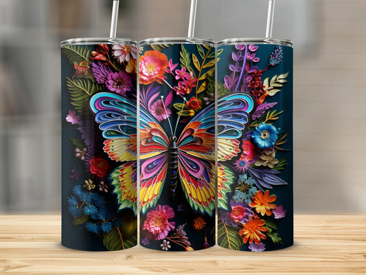 Colorful butterfly and floral design on three tumblers.