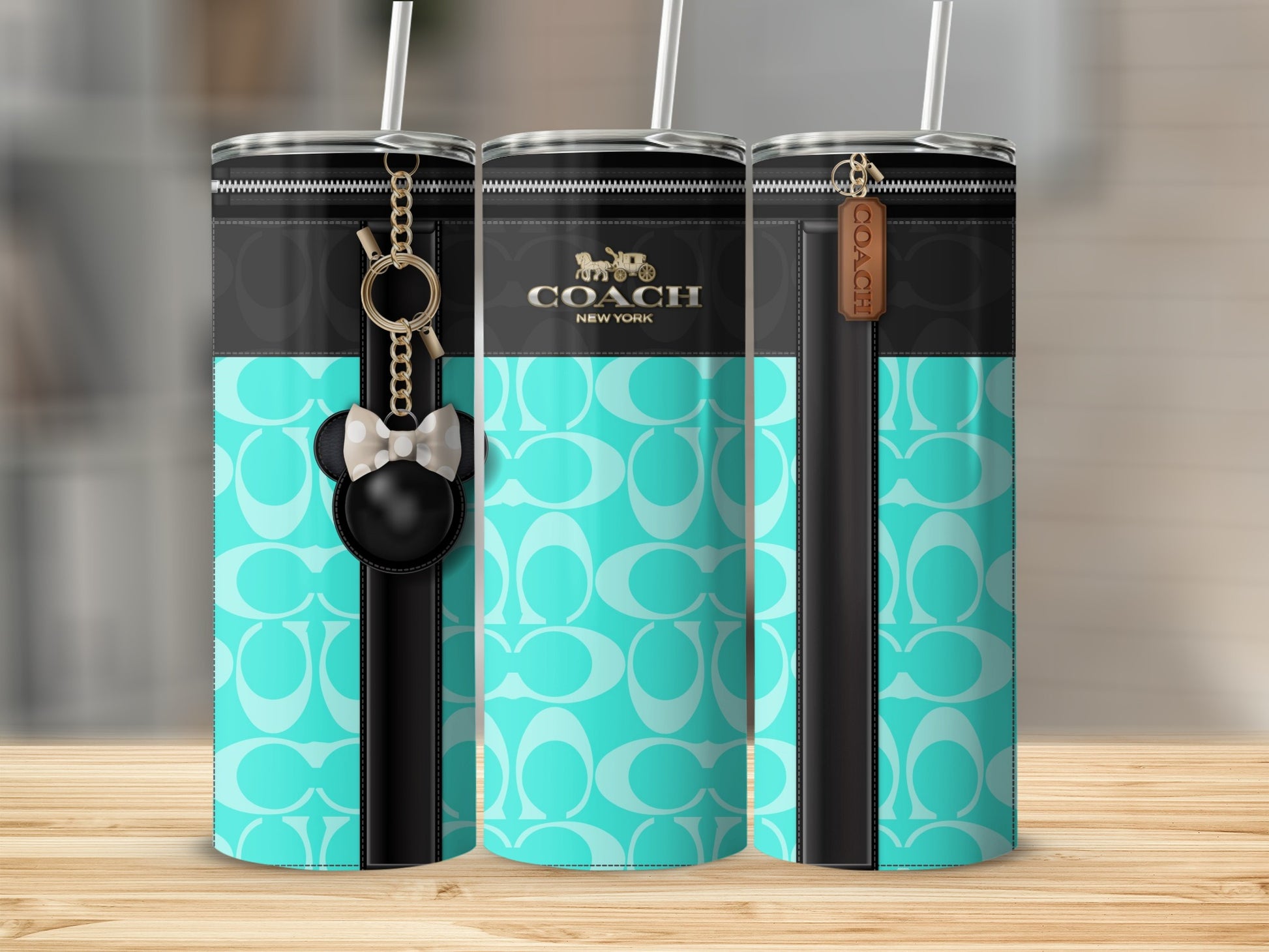 Stylish Blue Graphic Coach Tumblers with Keychain Decor