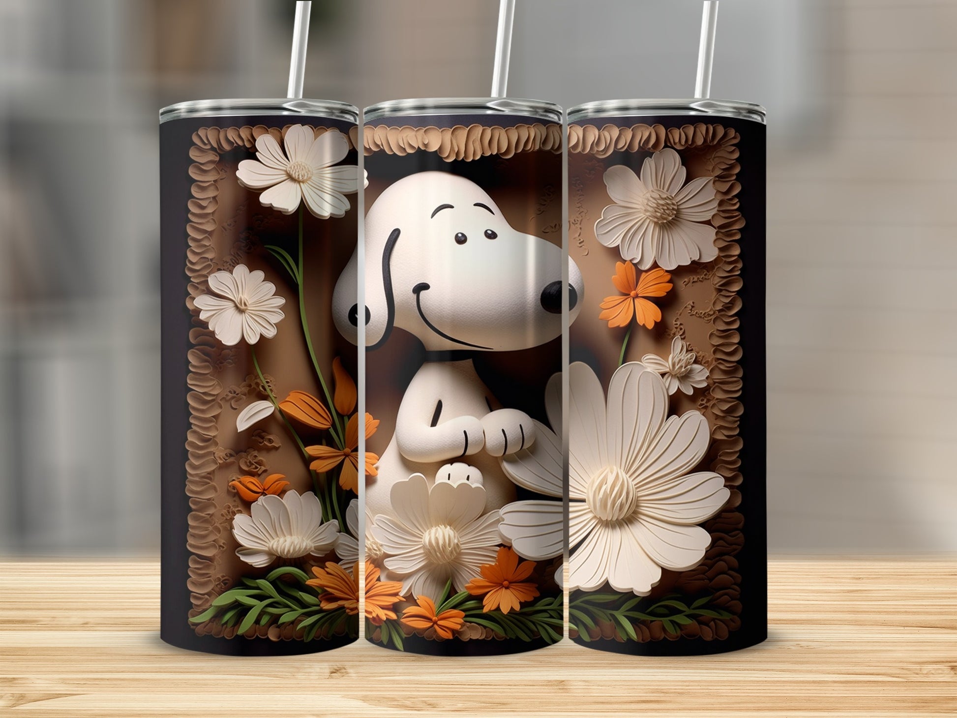 Cute Cartoon Character Floral Design Tumbler Cup