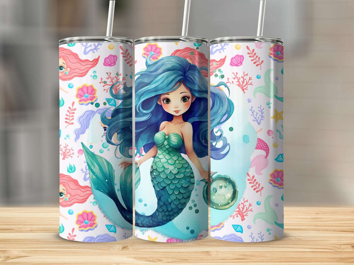 Colorful Mermaid Design Insulated Tumbler Cup with Straw