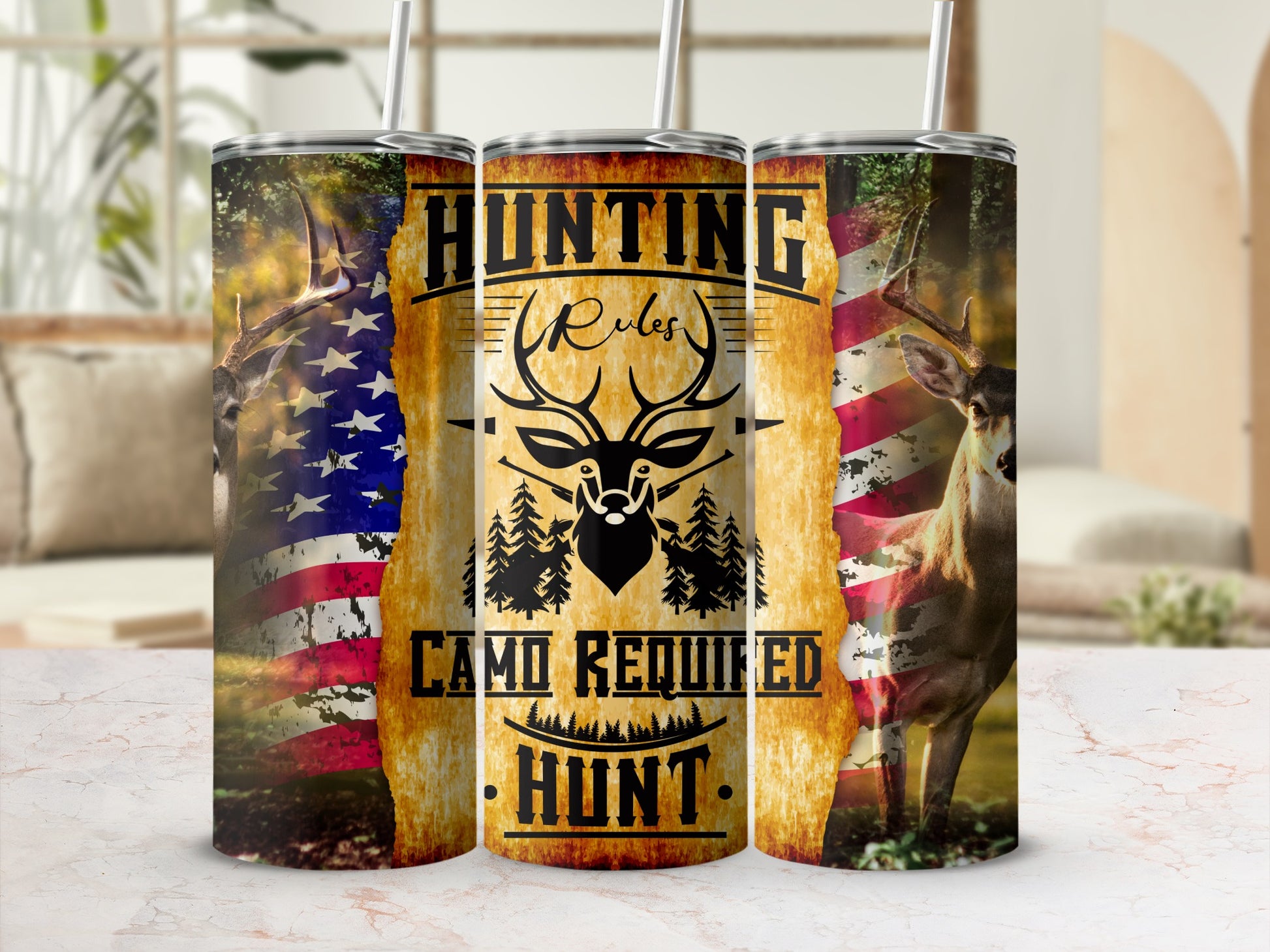 Tumbler with American flag, deer graphic, and text "Hunting Rules, Camo Required, Hunt".