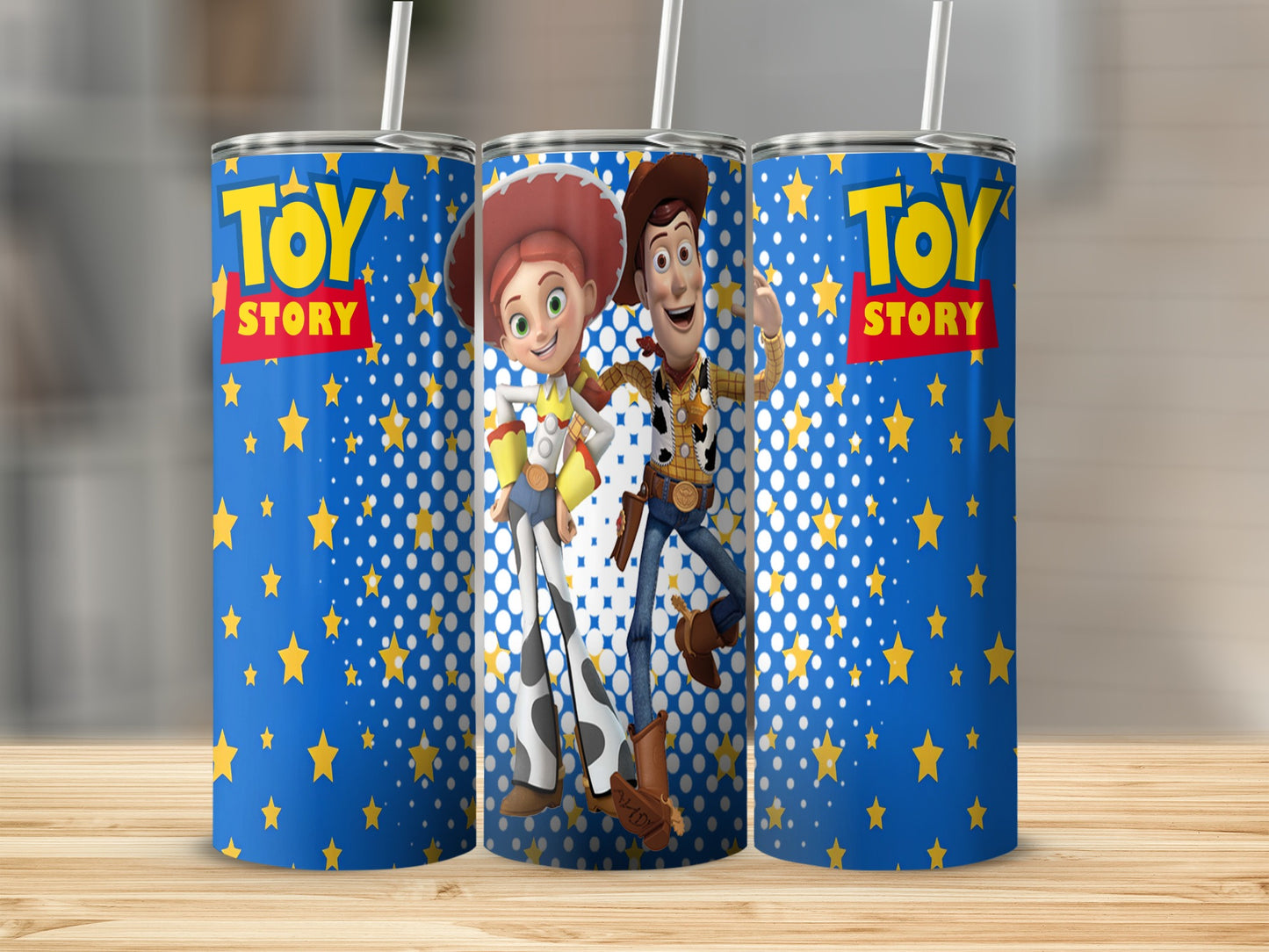 Toy Story tumblers featuring Woody and Jessie with a blue, star-patterned background.
