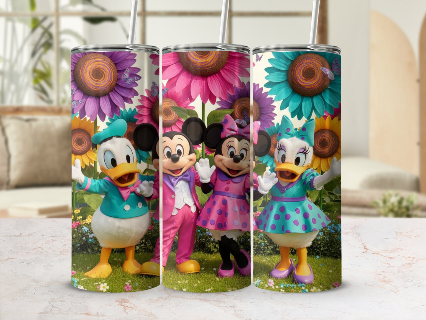 Colorful Disney Characters with Flowers Tumbler Cups Set